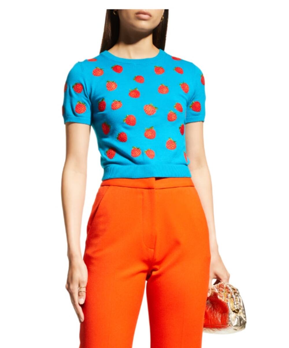 Alice and Olivia Sweater Top Strawberry Ciara Short Sleeve Teal Medium M Med